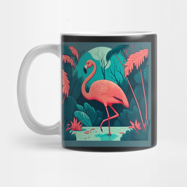 Flamingo in a Lake in Pink and Teal by Geminiartstudio